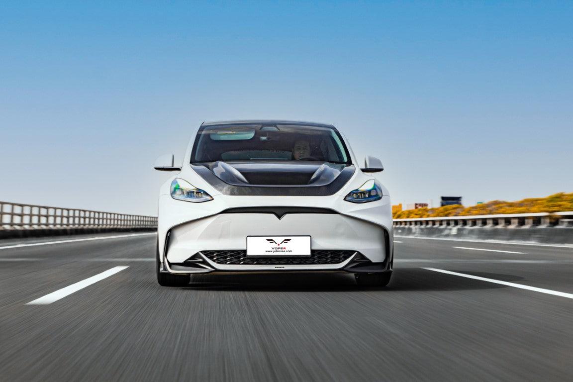 Tesla Model Y / Performance 2021 2022 2023 2024 with Aftermarket Parts - Loong Flames Style Hood Bonnet Pre-preg Carbon Fiber from Yofer USA