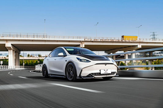 Tesla Model Y / Performance 2021 2022 2023 2024 with Aftermarket Parts - Loong Flames Style Hood Bonnet Pre-preg Carbon Fiber from Yofer USA