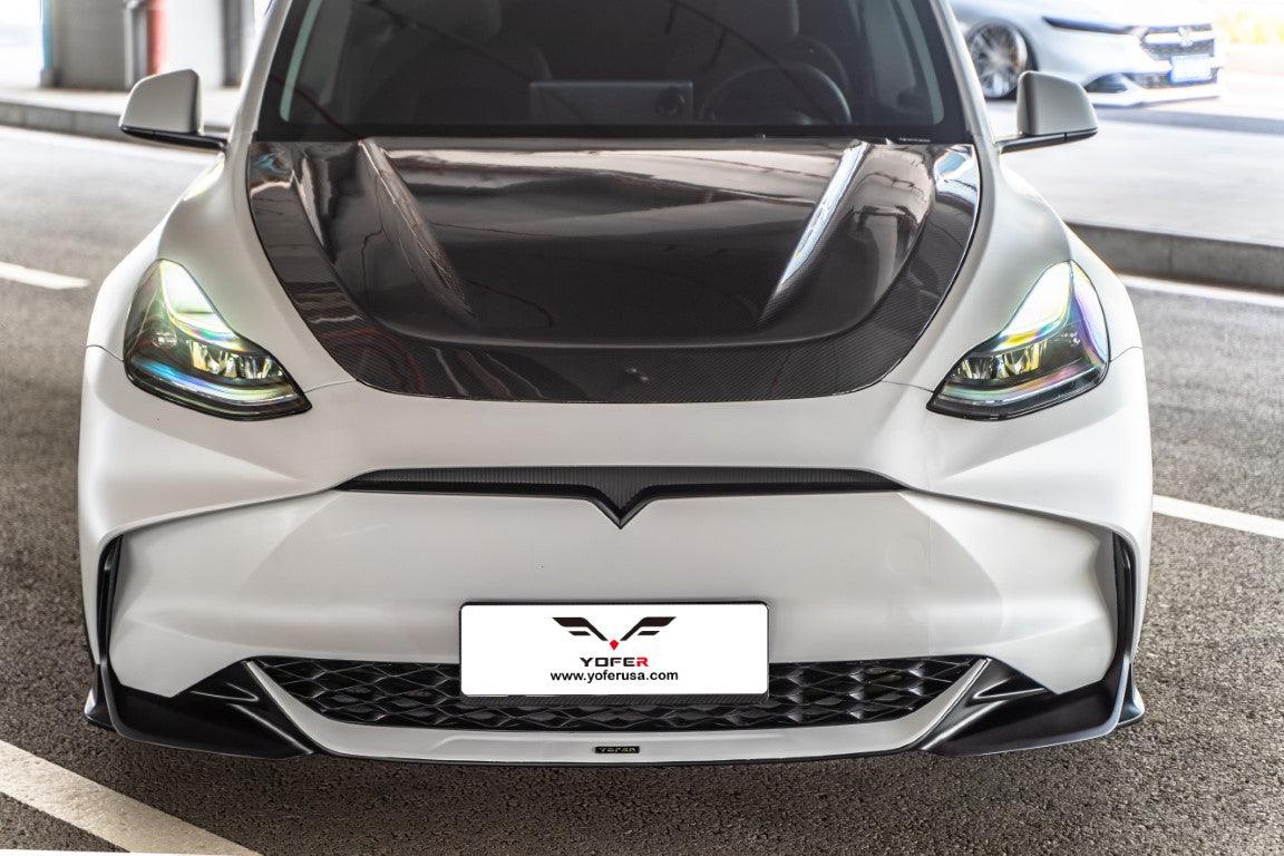 Tesla Model Y / Performance 2021-ON with Aftermarket Parts - Loong Flames Style Pre-preg Carbon Fiber Hood Bonnet from  Yofer USA