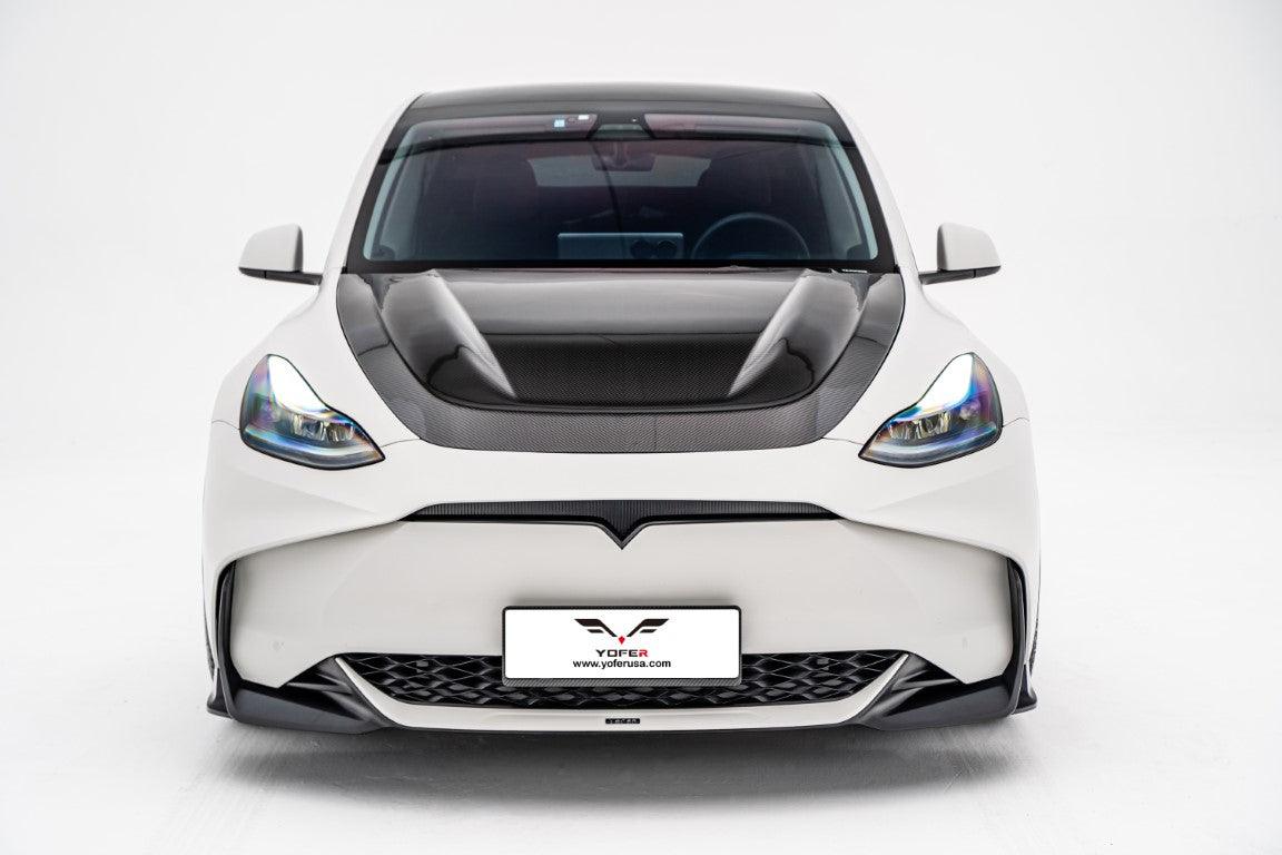Tesla Model Y / Performance 2021 2022 2023 2024 with Aftermarket Parts - Loong Flames Style Hood Bonnet Pre-preg Carbon Fiber from Yofer USA