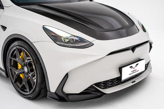 Tesla Model Y / Performance 2021 2022 2023 2024 with Aftermarket Parts - Loong Flames Style Hood Bonnet Pre-preg Carbon Fiber from Yofer USA