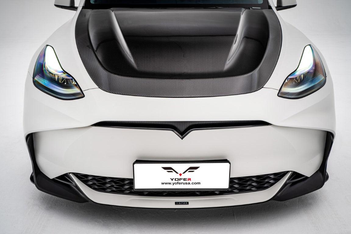 Tesla Model Y / Performance 2021 2022 2023 2024 with Aftermarket Parts - Loong Flames Style Hood Bonnet Pre-preg Carbon Fiber from Yofer USA