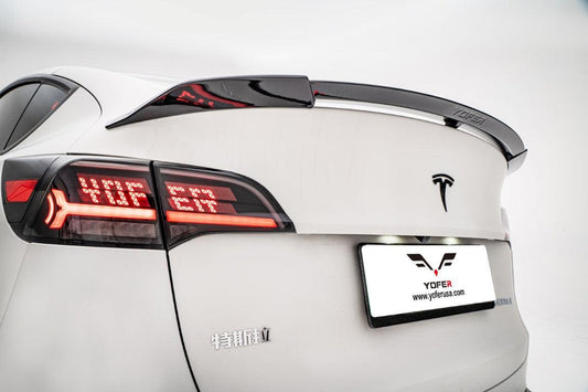 Tesla Model Y / Performance 2021 2022 2023 2024 with Aftermarket Parts - Loong Flames Style Rear Spoiler Wing Carbon Fiber from Yofer USA