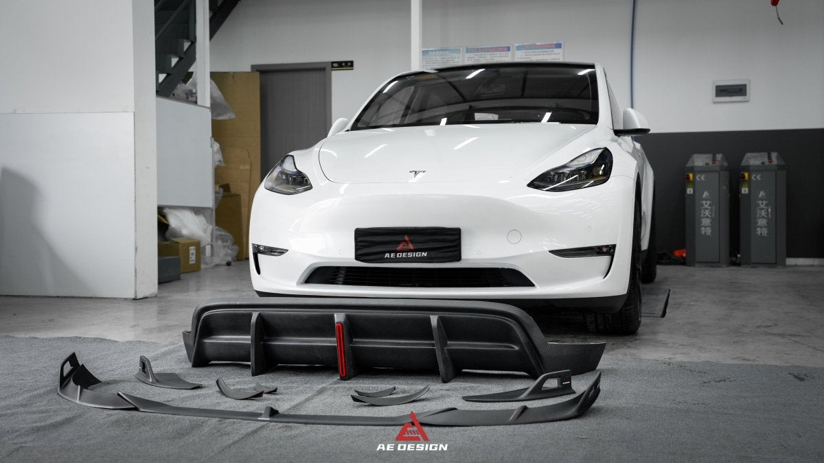 Tesla Model Y 2020 2021 2022 2023 2024 with Aftermarket Parts - AE Style Front Lip Carbon Fiber from ArmorExtend