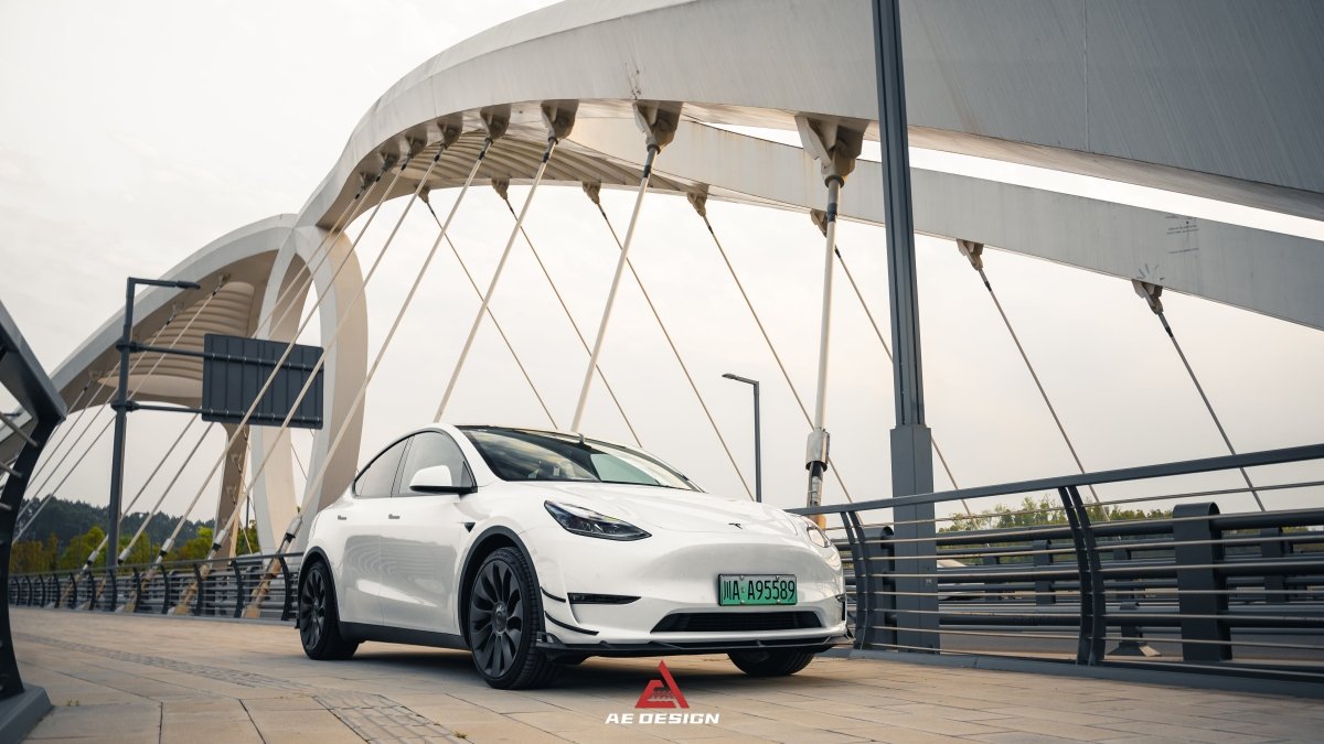 Tesla Model Y 2020 2021 2022 2023 2024 with Aftermarket Parts - AE Style Front Lip Carbon Fiber from ArmorExtend