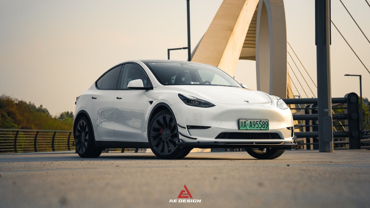 Tesla Model Y 2020 2021 2022 2023 2024 with Aftermarket Parts - AE Style Front Lip Carbon Fiber from ArmorExtend