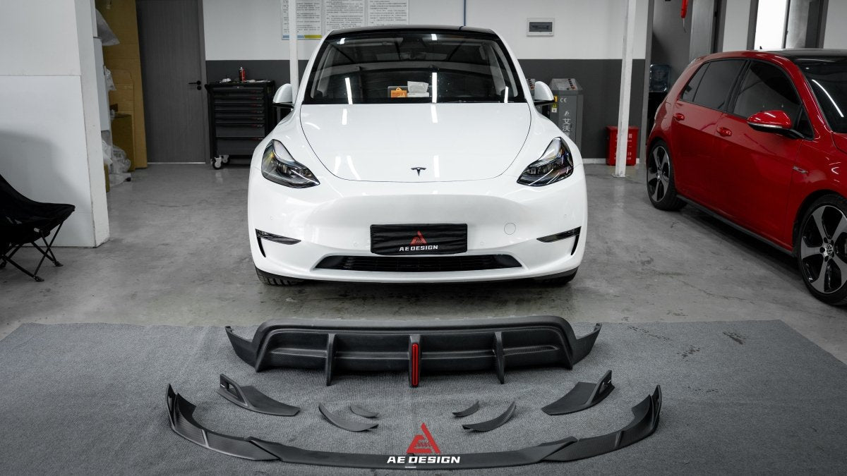 Tesla Model Y 2020 2021 2022 2023 2024 with Aftermarket Parts - AE Style Front Lip Carbon Fiber from ArmorExtend
