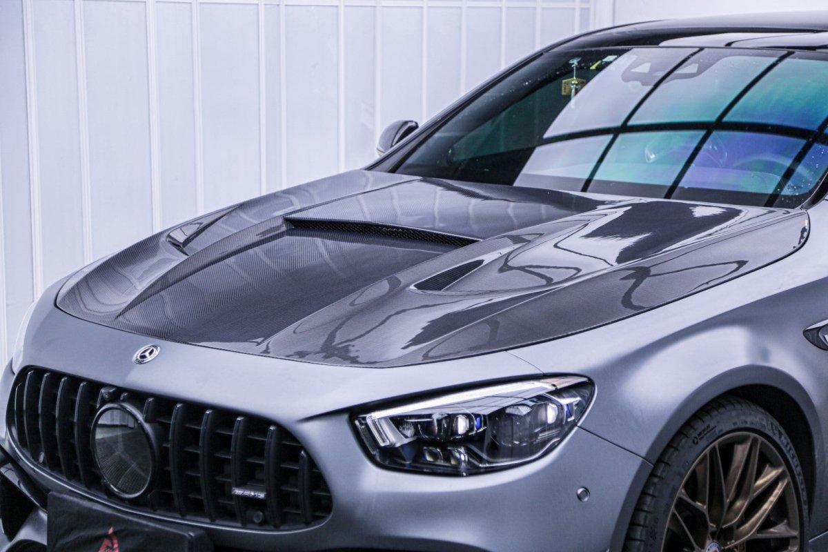 Mercedes Benz E63 E63S W213 2017 2018 2019 2020 2021 2022 2023 2024 with Aftermarket Parts - AE Hood Bonnet Carbon Fiber from ArmorExtend