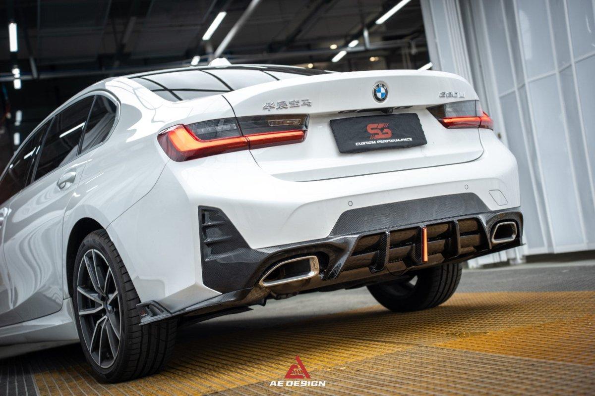 BMW 3 Series 330i (With M-Package Bumper, does not fit base model) M340i LCI G20 G21 2023 2024 with Aftermarket Parts - AE V1 Style Rear Diffuser & Canards Carbon Fiber from?ArmorExtend