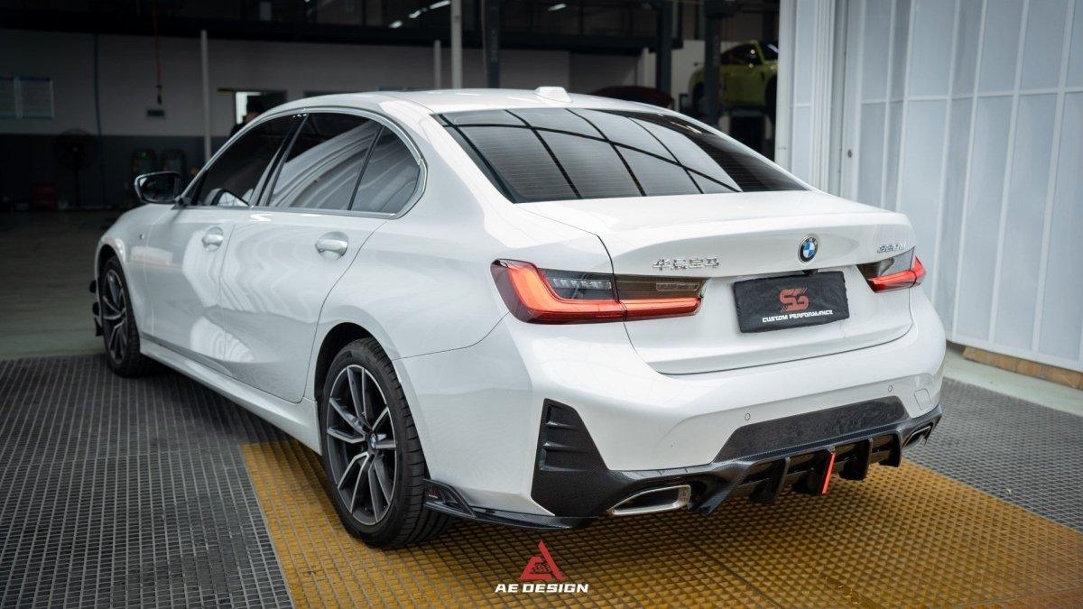 BMW 3 Series 330i (With M-Package Bumper, does not fit base model) M340i LCI G20 G21 2023 2024 with Aftermarket Parts - AE V1 Style Rear Diffuser & Canards Carbon Fiber from?ArmorExtend