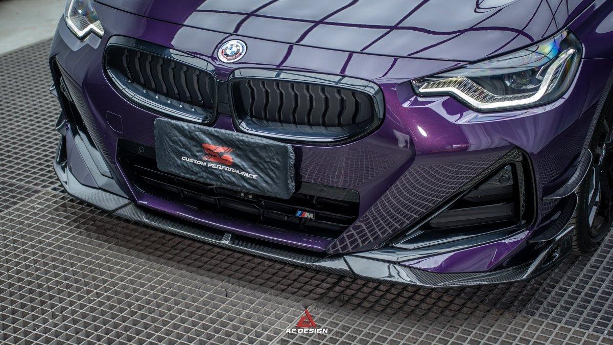 BMW 2 Series G42 230i (With M-Package Bumper) M240i 2022 2023 2024 with Aftermarket Parts - AE Style Front Lip Pre-preg Carbon Fiber from?ArmorExtend