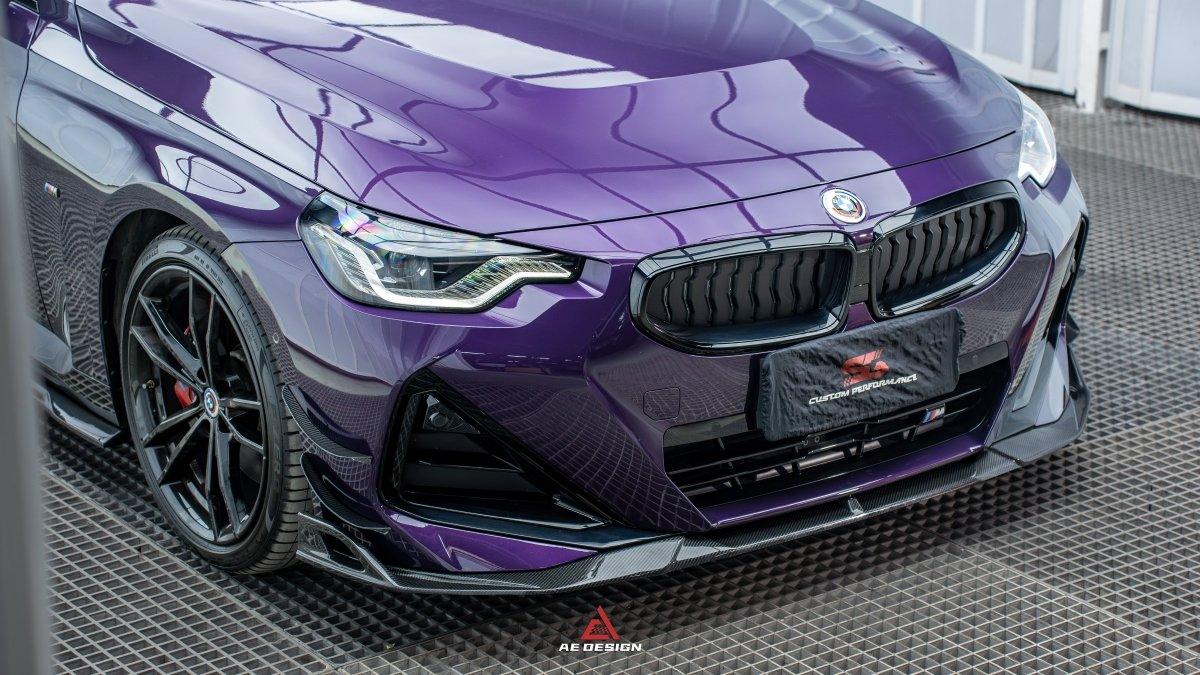 BMW 2 Series G42 230i (With M-Package Bumper) M240i 2022 2023 2024 with Aftermarket Parts - AE Style Front Lip Pre-preg Carbon Fiber from?ArmorExtend
