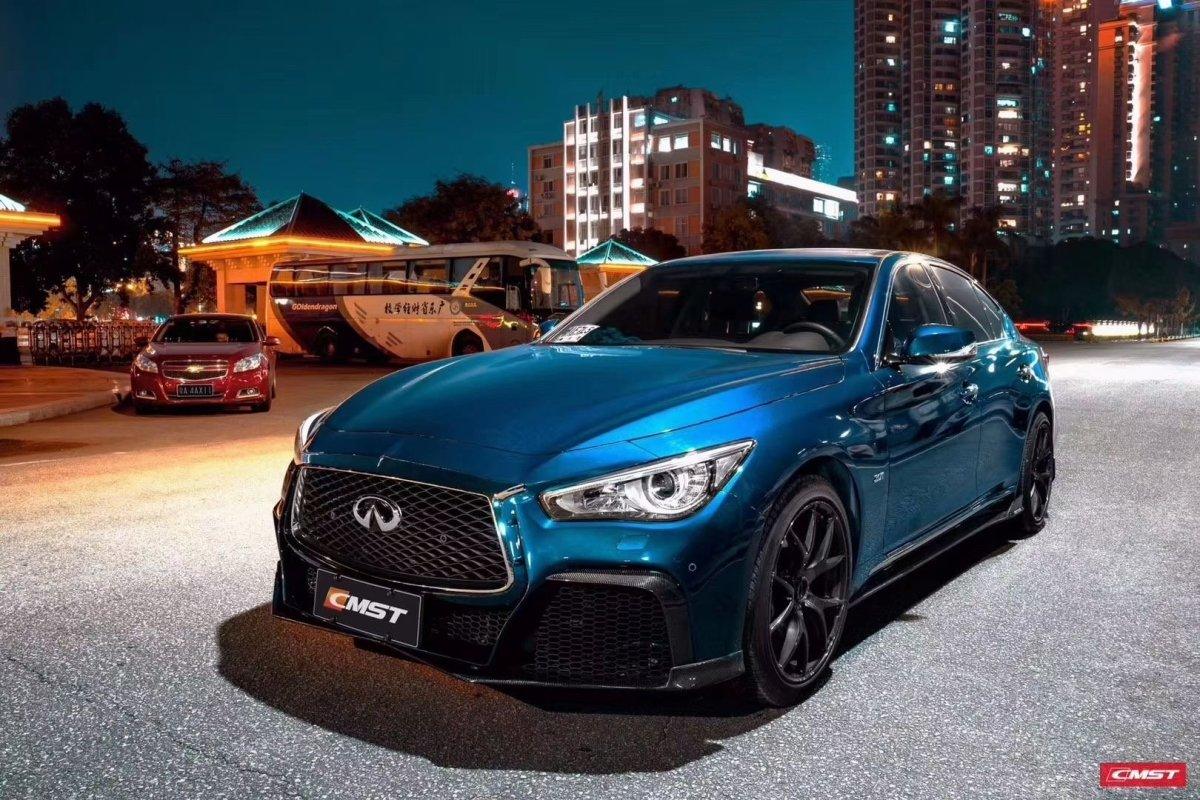 Infiniti Q50 Red Sport 400 Luxe Sensory Signature Premium Pure 2014-ON with Aftermarket Parts - Project Black S Concept Style Front Bumper & Lip Carbon Fiber / FRP from CMST Tuning
