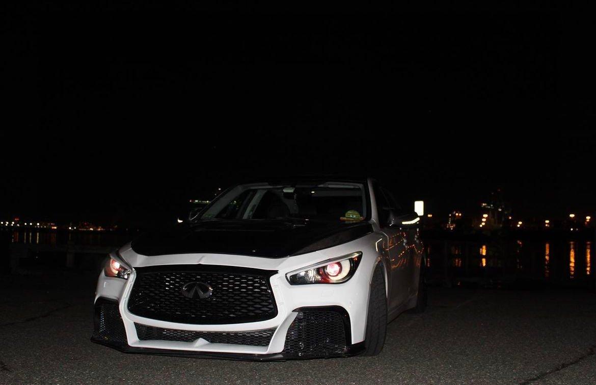 Infiniti Q50 Red Sport 400 Luxe Sensory Signature Premium Pure 2014-ON with Aftermarket Parts - Project Black S Concept Style Front Bumper & Lip Carbon Fiber / FRP from CMST Tuning
