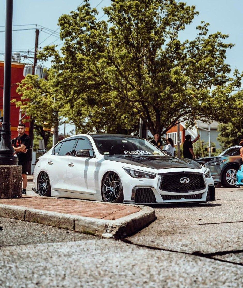 Ikon Motorsports Front Bumper Lip Compatible With 2014-2017 Infiniti Q50 Sport Models Carbon Fiber Print PP Polypropylene 3pcs Add-On Front Lip インフィニティ Q50 2014-2017 スポーツカー用ボディキット カーボンファイバー+ABS フロントバンパースプリッター+リ