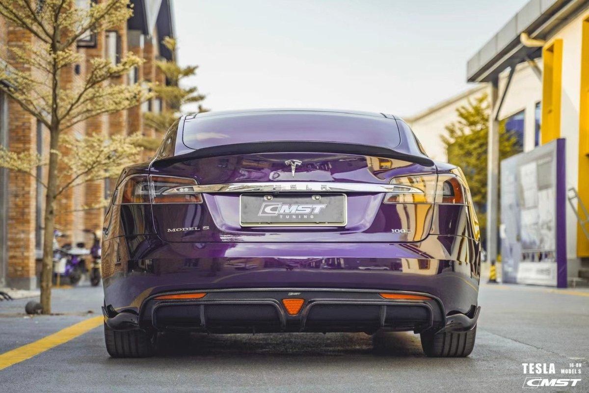 Tesla Model S 1st & 2nd Gen 2012-early 2021 with Aftermarket Parts - Rear Duck Bill Tail Spoiler Carbon Fiber / FRP from CMST Tuning