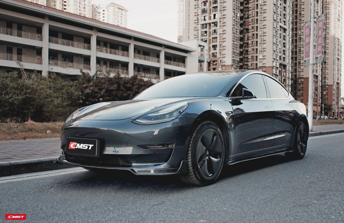 Tesla Model 3 Performance Long Range Standard Base 2017-2023 with Aftermarket Parts - V1 Style Front Lip Splitter Carbon Fiber / FRP from CMST Tuning
