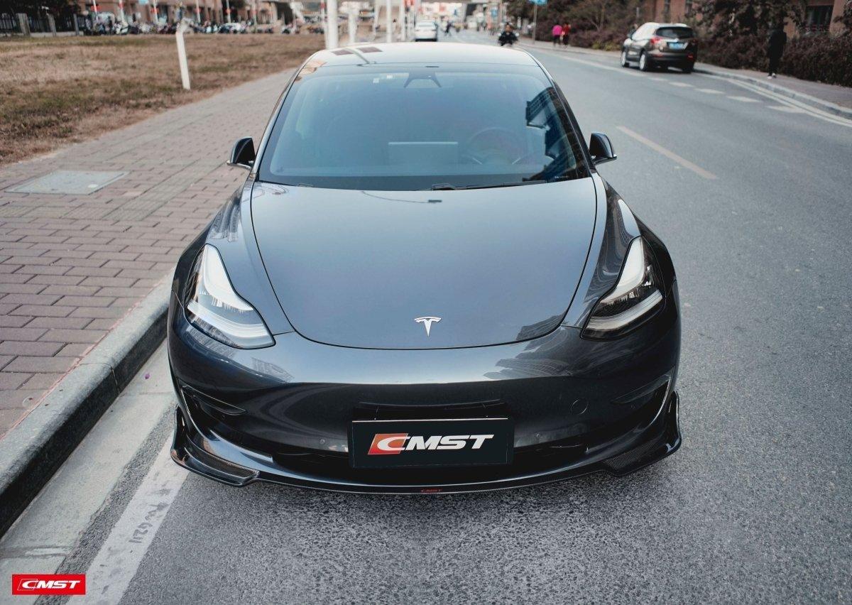 Tesla Model 3 Performance Long Range Standard Base 2017-2023 with Aftermarket Parts - V1 Style Front Lip Splitter Carbon Fiber / FRP from CMST Tuning
