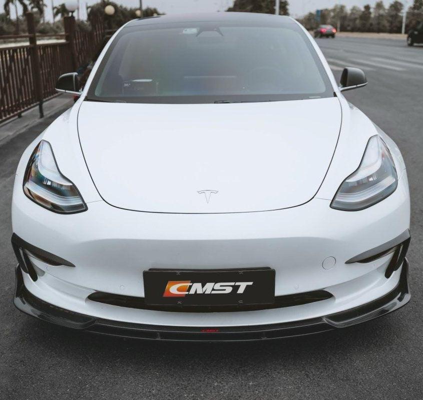 Tesla Model 3 Performance Long Range Standard Base 2017-2023 with Aftermarket Parts - V2 Style Front Lip Splitter Carbon Fiber / FRP from CMST Tuning
