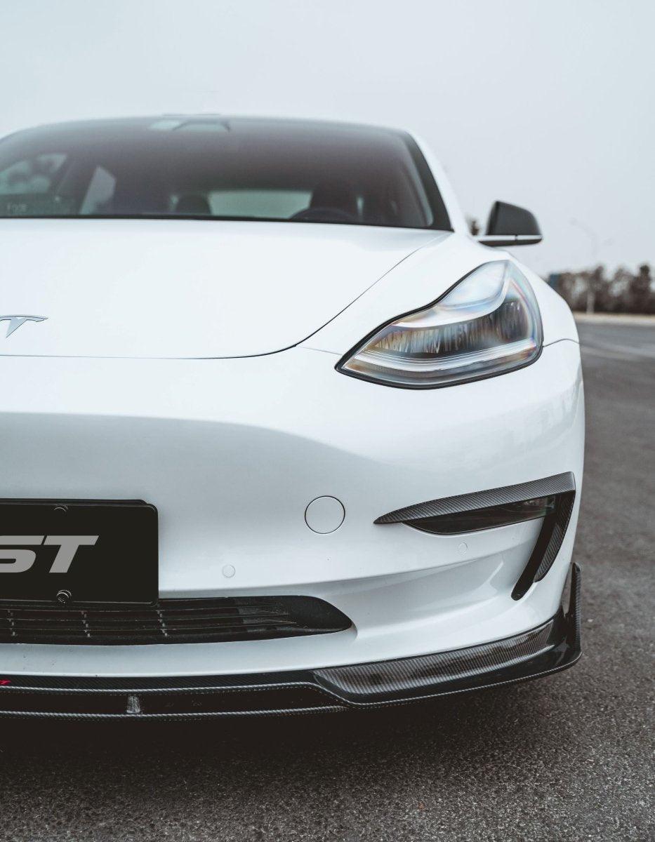 Tesla Model 3 Performance Long Range Standard Base 2017-2023 with Aftermarket Parts - V2 Style Front Lip Splitter Carbon Fiber / FRP from CMST Tuning
