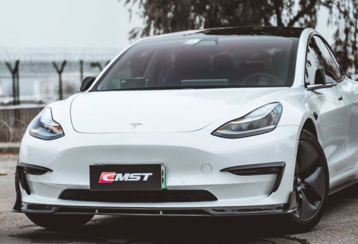 Tesla Model 3 Performance Long Range Standard Base 2017-2023 with Aftermarket Parts - V2 Style Front Lip Splitter Carbon Fiber / FRP from CMST Tuning
