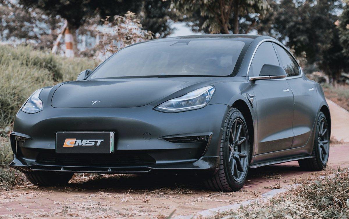 Tesla Model 3 Performance Long Range Standard Base 2017-2023 with Aftermarket Parts - V3 Style Front Lip Splitter Carbon Fiber / FRP from CMST Tuning
