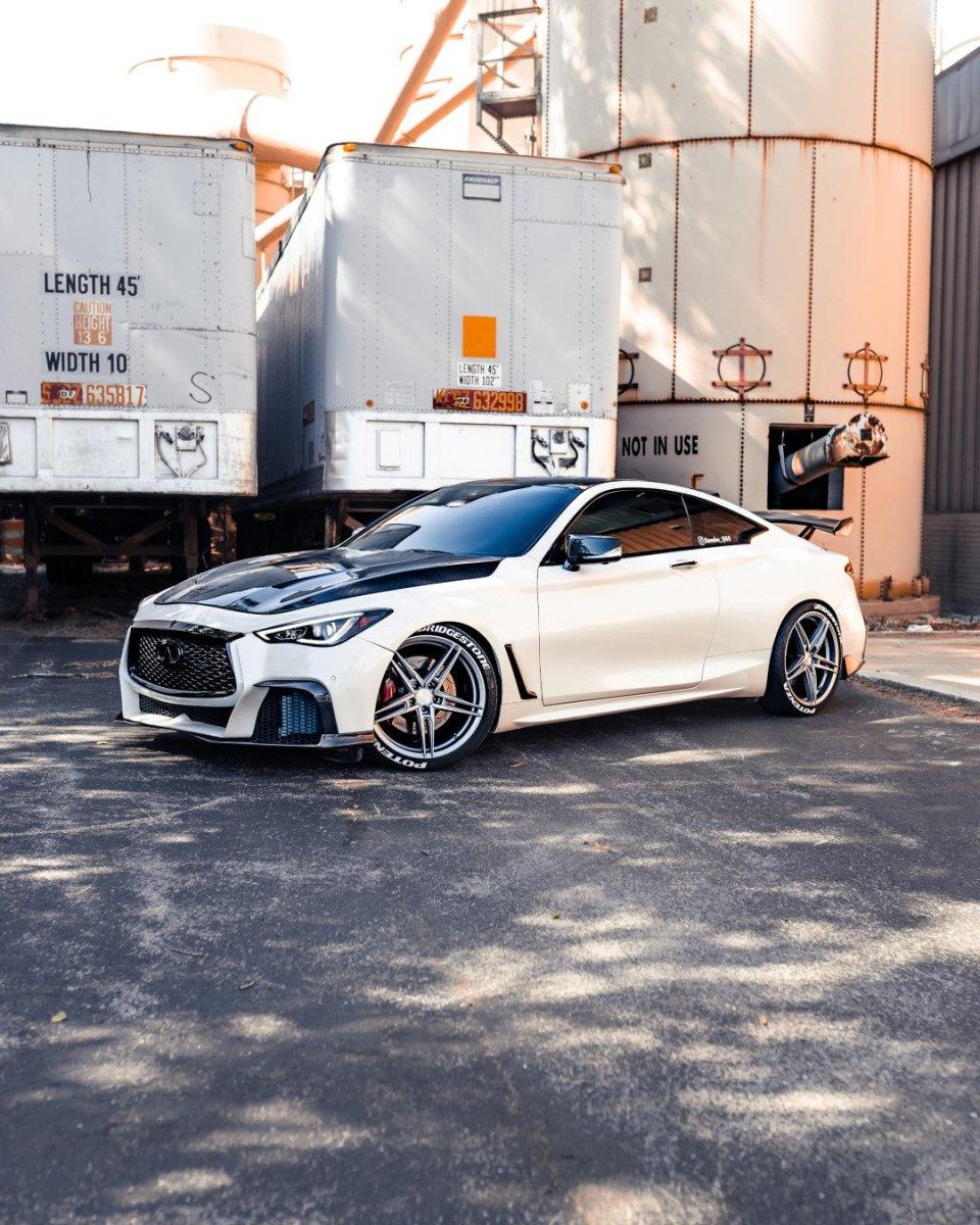 Infiniti Q60 Red Sport 400 Premium Luxe Sport Pure 2017-2022 with Aftermarket Parts - Project Black S Concept Style Front Bumper & Lip Carbon Fiber / FRP from CMST Tuning