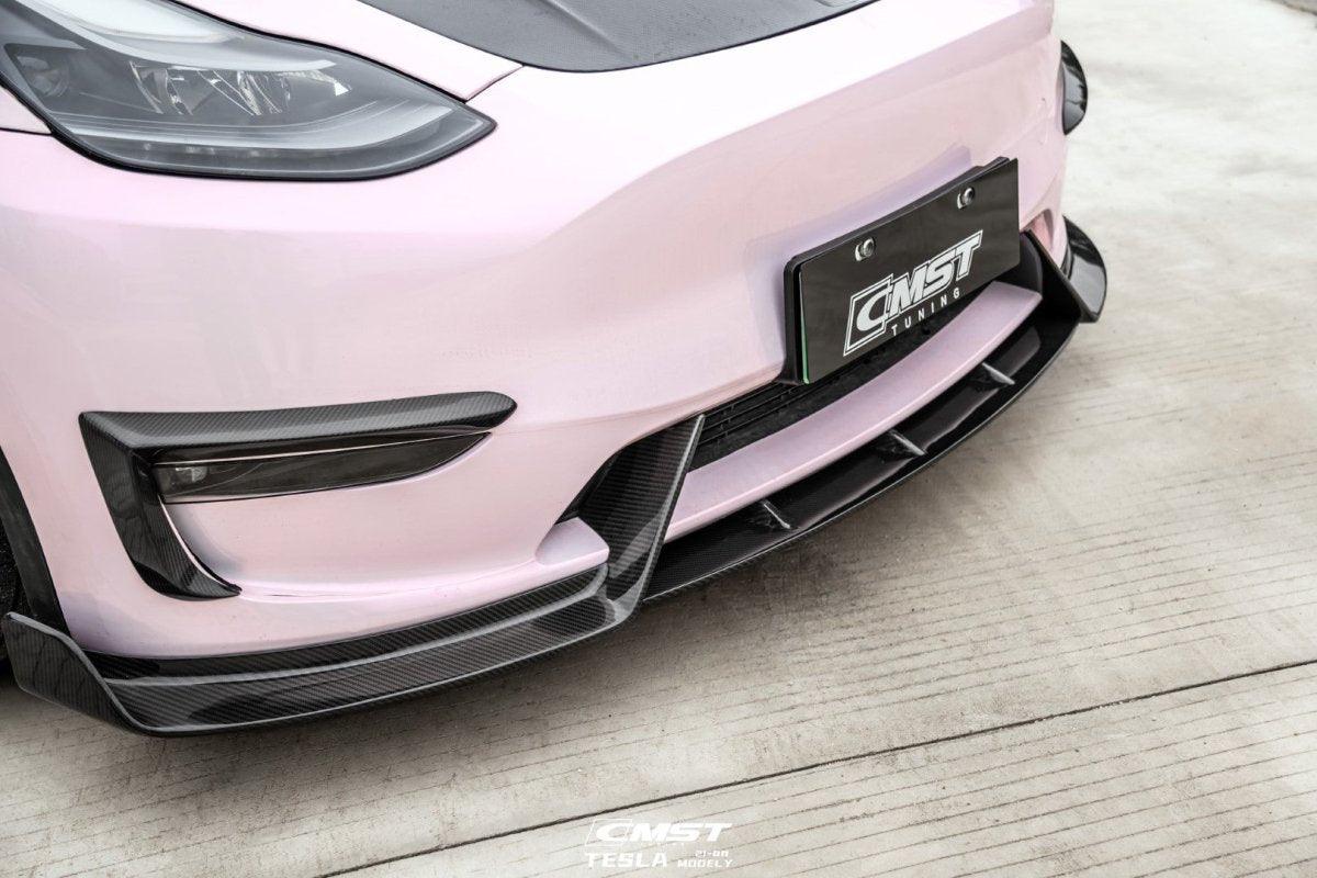 Tesla Model Y Performance AWD Long Range RWD Standard 2020-ON with Aftermarket Parts - V4 Style Front Lip Splitter Carbon Fiber / FRP from CMST Tuning