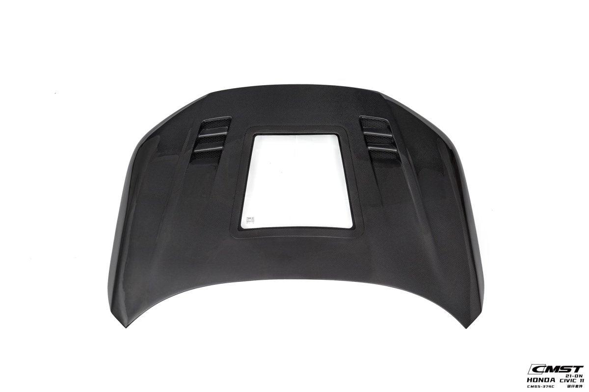 Honda Civic 11th Gen FE1 FE2 FE4 2022-ON with Aftermarket Parts - V2 Tempered Glass Clearview Style Hood Bonnet Carbon Fiber / FRP from CMST Tuning
