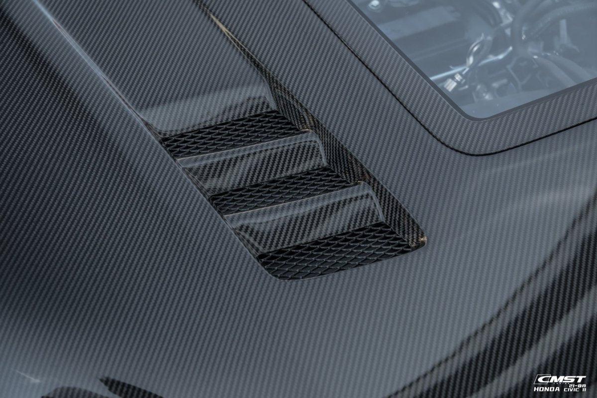 Honda Civic 11th Gen FE1 FE2 FE4 2022-ON with Aftermarket Parts - V2 Tempered Glass Clearview Style Hood Bonnet Carbon Fiber / FRP from CMST Tuning
