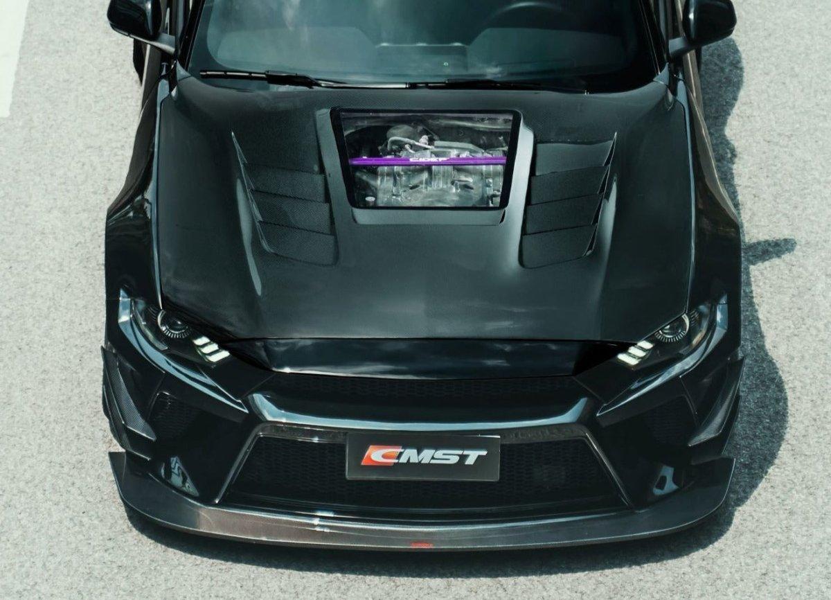 Ford Mustang GT 5.0 Mach1 Bullitt Ecoboost 2.3 S550.2 2018-2023 with Aftermarket Parts - V2 Clearview Glass Style Hood Bonnet Carbon Fiber / FRP from CMST Tuning