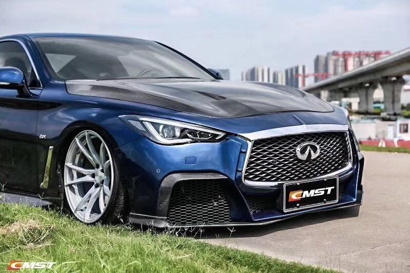 Infiniti Q60 Red Sport 400 Premium Luxe Sport Pure 2017 2018 2019 2020 2021 2022 with Aftermarket Parts - Project Black S Concept Hood Bonnet Carbon Fiber / FRP from CMST Tuning 