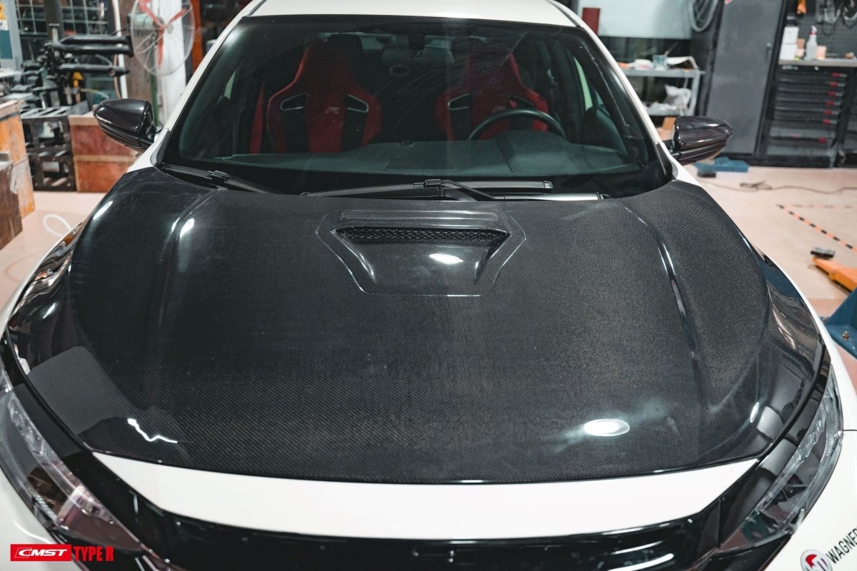 Honda Civic Type-R FK8 2017-2021 with Aftermarket Parts - Vented Style Hood Bonnet Carbon Fiber from CMST Tuning