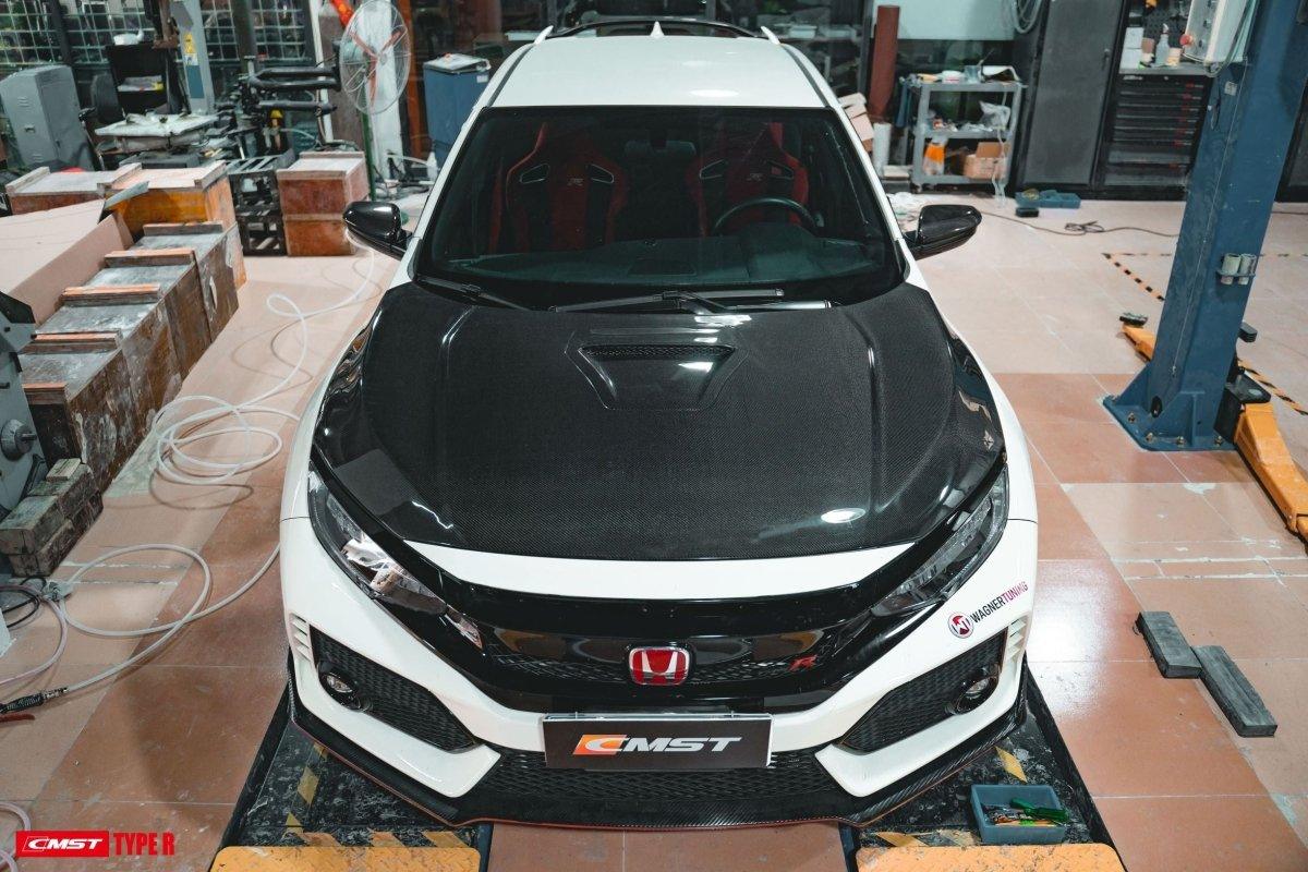 Honda Civic Type-R FK8 2017-2021 with Aftermarket Parts - Vented Style Hood Bonnet Carbon Fiber from CMST Tuning