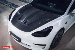 Tesla Model 3 Performance Long Range Standard Base 2017-2023 with Aftermarket Parts - V2 Style Hood Bonnet Carbon Fiber / FRP from CMST Tuning