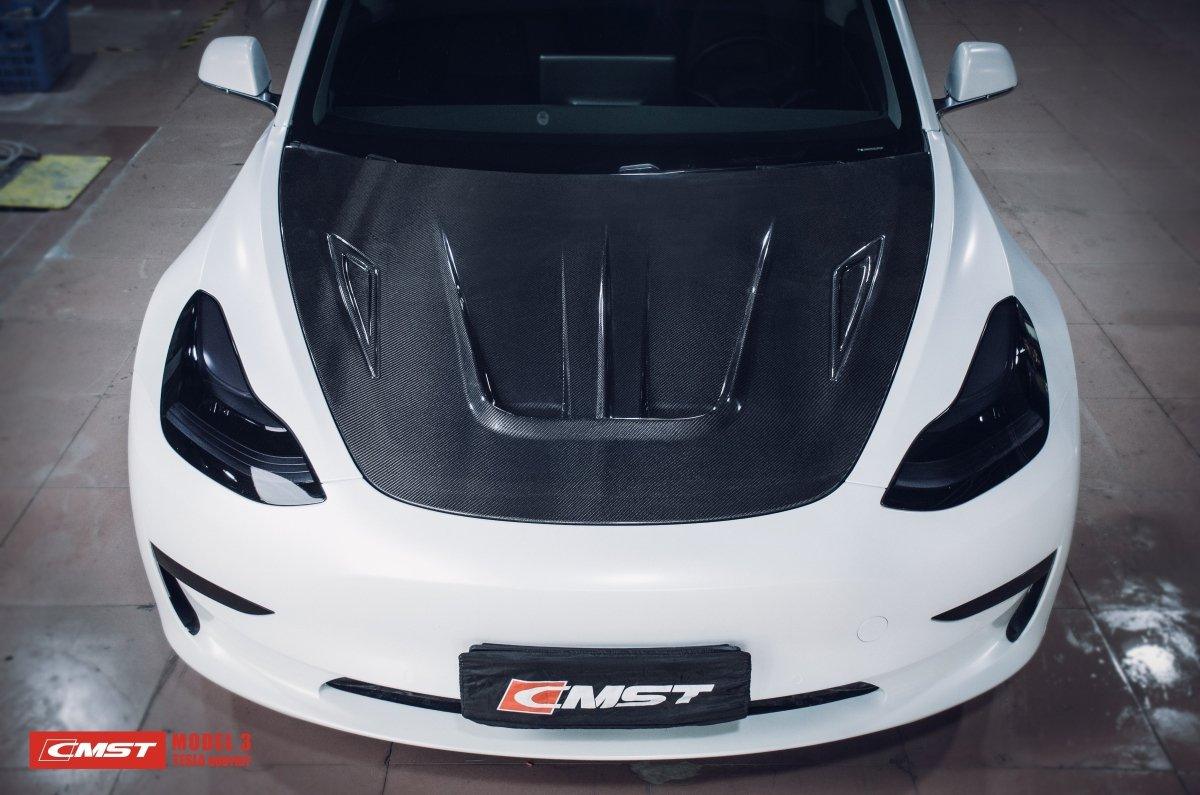 Tesla Model 3 Performance Long Range Standard Base 2017-2023 with Aftermarket Parts - V2 Style Hood Bonnet Carbon Fiber / FRP from CMST Tuning