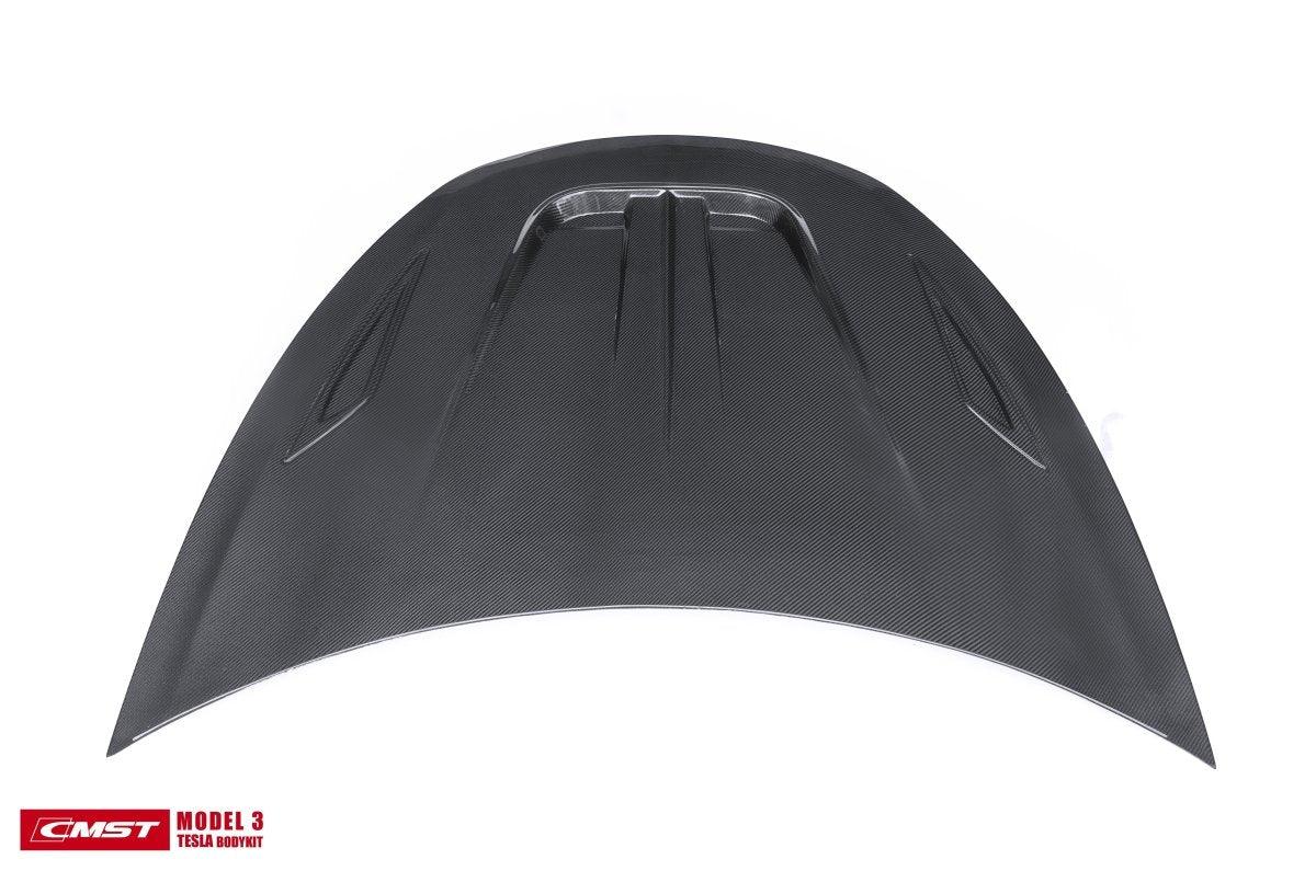 Tesla Model 3 Performance Long Range Standard Base 2017-2023 with Aftermarket Parts - V2 Style Hood Bonnet Carbon Fiber / FRP from CMST Tuning