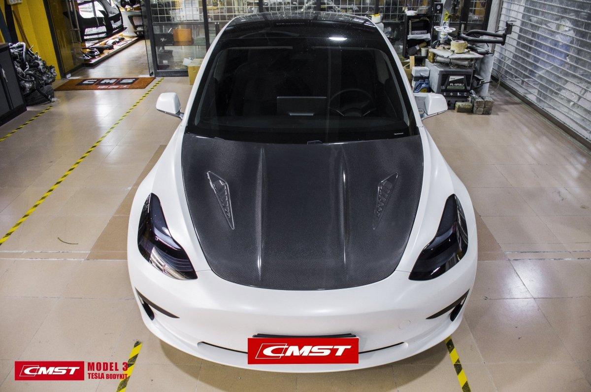 Tesla Model 3 Performance Long Range Standard Base 2017-2023 with Aftermarket Parts - V2 Style Hood Bonnet Carbon Fiber / FRP from CMST Tuning