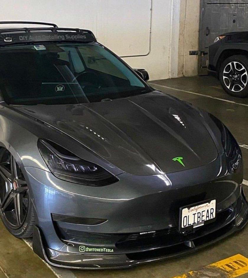 Tesla Model 3 Performance Long Range Standard Base 2017-2023 with Aftermarket Parts - V2 Style Hood Bonnet Carbon Fiber / FRP from CMST Tuning