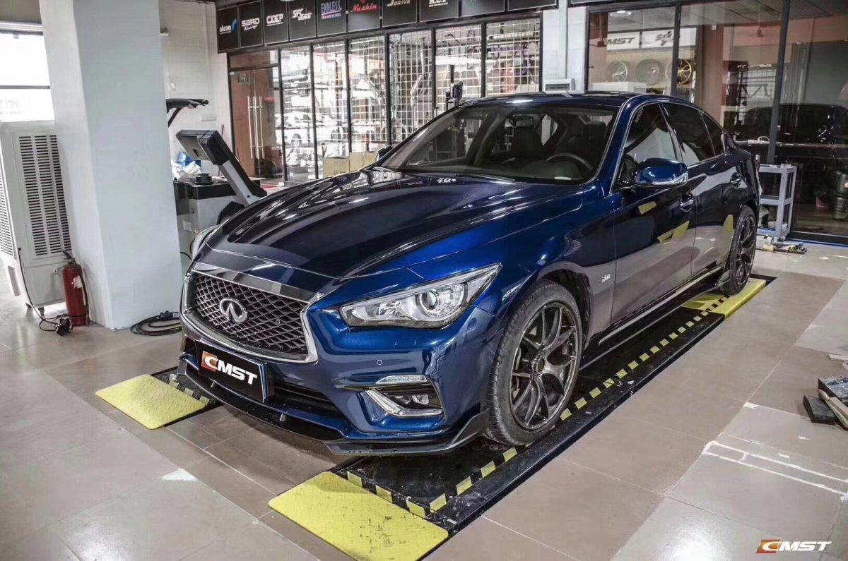 Infiniti Q50 Red Sport 400 Luxe Sensory Signature Premium Pure 2014 2015 2016 2017 2018 2019 2020 2021 2022 2023 2024 with Aftermarket Parts - Side Skirts Carbon Fiber / FRP from CMST Tuning