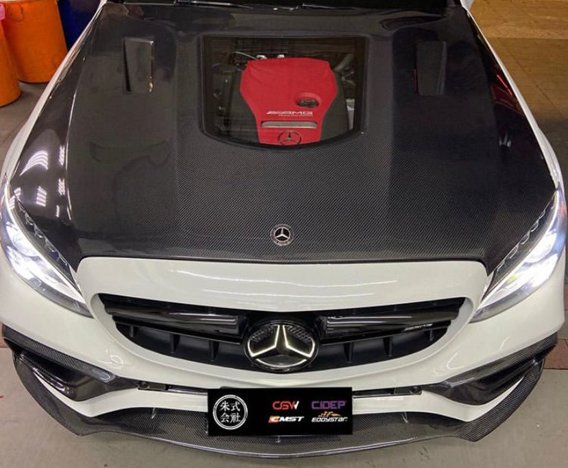 Mercedes Benz C-Class C43 C400 C300 W205 2015-2021 Sedan & C-Class C43 C300 W205 2016-2022 Coupe Convertible (suitable for both pre-facelift and facelift) with Aftermarket Parts - V1 Style Carbon Fiber / FRP Hood from CMST Tuning
