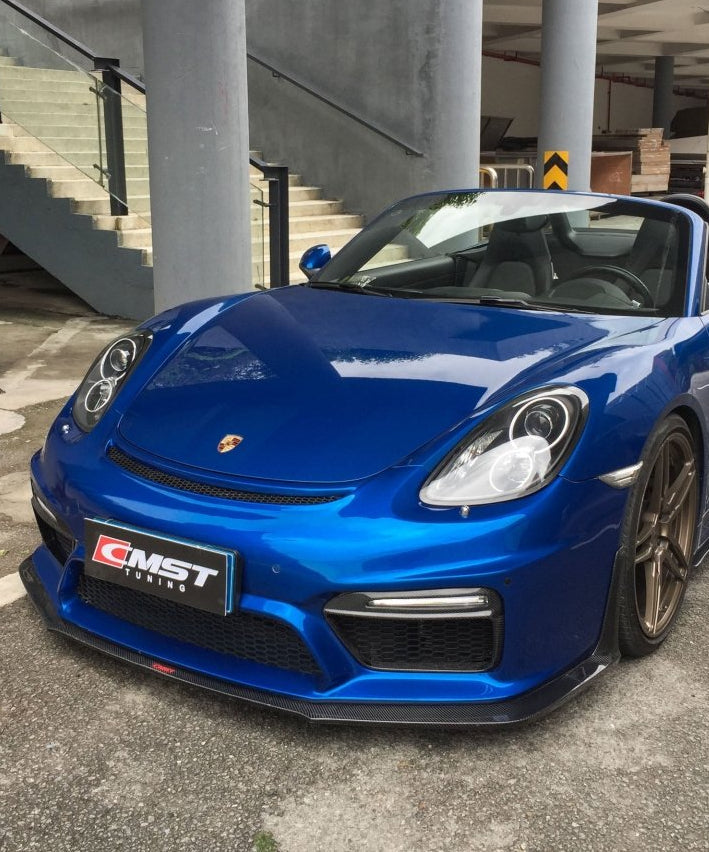 Porsche 981 Cayman & Boxster (all models, including Base / S / GTS / GT4 / Spyder) 2012 2013 2014 2015 2016 with Aftermarket Parts - GT4 Style Front Bumper & Lip Carbon Fiber / FRP from CMST Tuning
