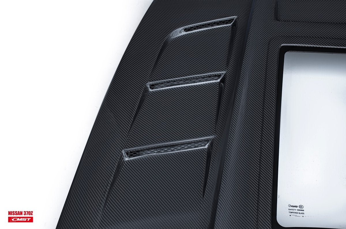 Nissan 370Z Nismo Sport Touring Base Fairlady Z Z34 2009-2020 with Aftermarket Parts - V1 Glass Clearview Style Hood Bonnet Carbon Fiber / FRP from CMST Tuning
