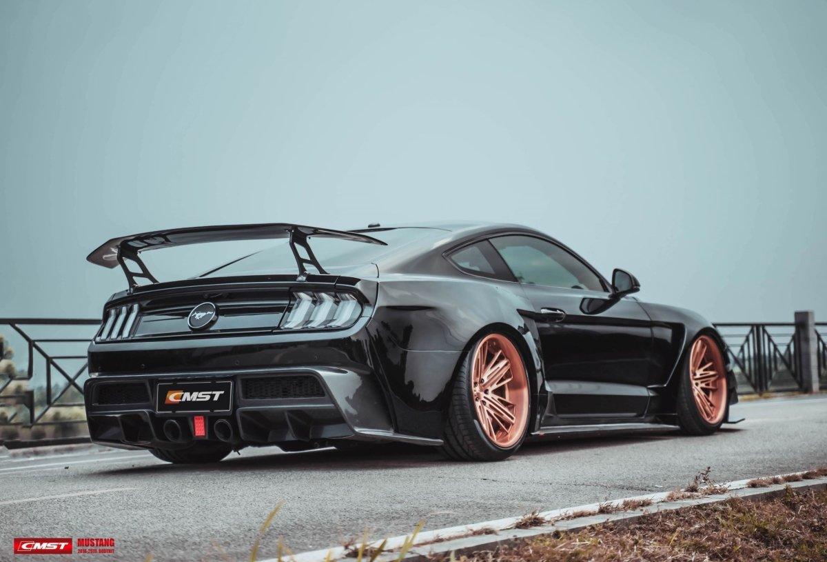 Ford Mustang GT 5.0 Mach1 Bullitt V6 3.6 Ecoboost 2.3 S550.1 S550.2 2015-2023 (exhaust exit relocation or CMST exhaust required) with Aftermarket Parts - Rear Bumper & Diffuser Carbon Fiber / FRP from CMST Tuning