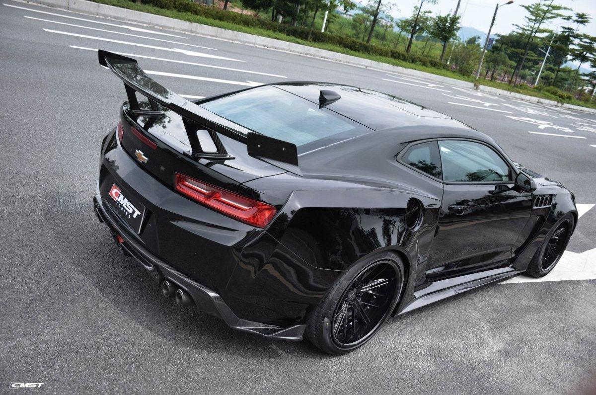Chevrolet Camaro 6th Gen Z/28 2SS 1SS 3LT 2LT 1LT 2LS 1LS 2015-2024 & Camaro 6th Gen ZL1 2017-2024 (installation on ZL1 requires filling 6 small slits) with Aftermarket Parts - Quad Tips Style Rear Diffuser Carbon Fiber / FRP from CMST Tuning
