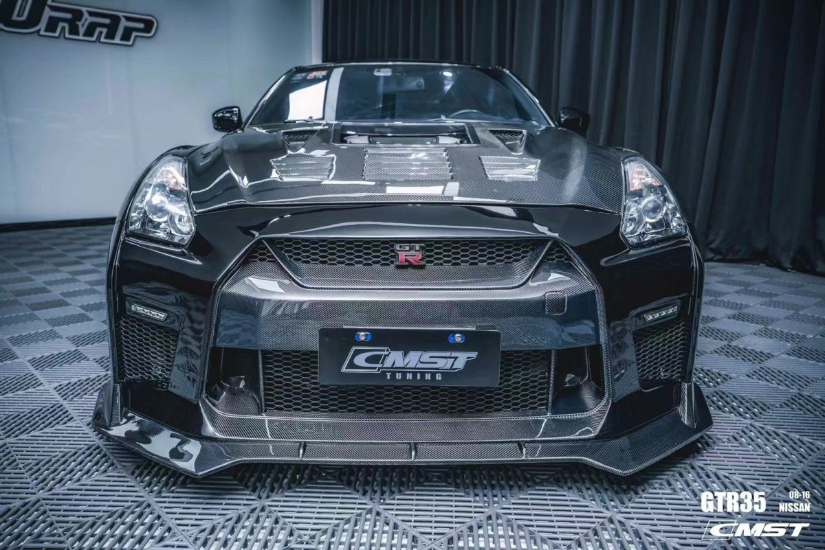 Nissan GTR Nismo Black Edition Track Eidtion Premium Base 2008-2016 (for installation on 2017-2024 vehicles, 2008-2016 hood is recommended) with Aftermarket Parts - Stage 2 Style Front Bumper & Lip (Undertray & DRL included) Carbon Fiber / FRP from CMST Tuning