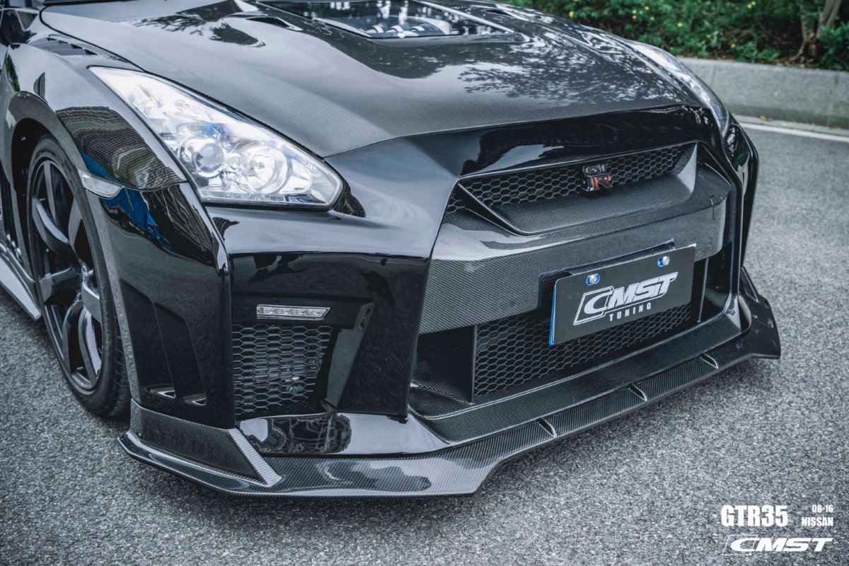 Nissan GTR Nismo Black Edition Track Eidtion Premium Base 2008-2016 (for installation on 2017-2024 vehicles, 2008-2016 hood is recommended) with Aftermarket Parts - Stage 2 Style Front Bumper & Lip (Undertray & DRL included) Carbon Fiber / FRP from CMST Tuning