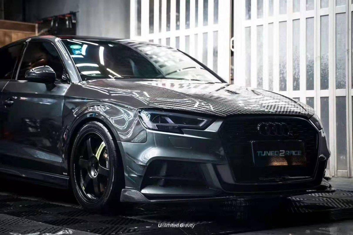 Audi S3 A3 8V/8V.5 2017 2018 2019 2020 with Aftermarket Parts - Front Canards Pre-preg Carbon Fiber from Karbel Carbon