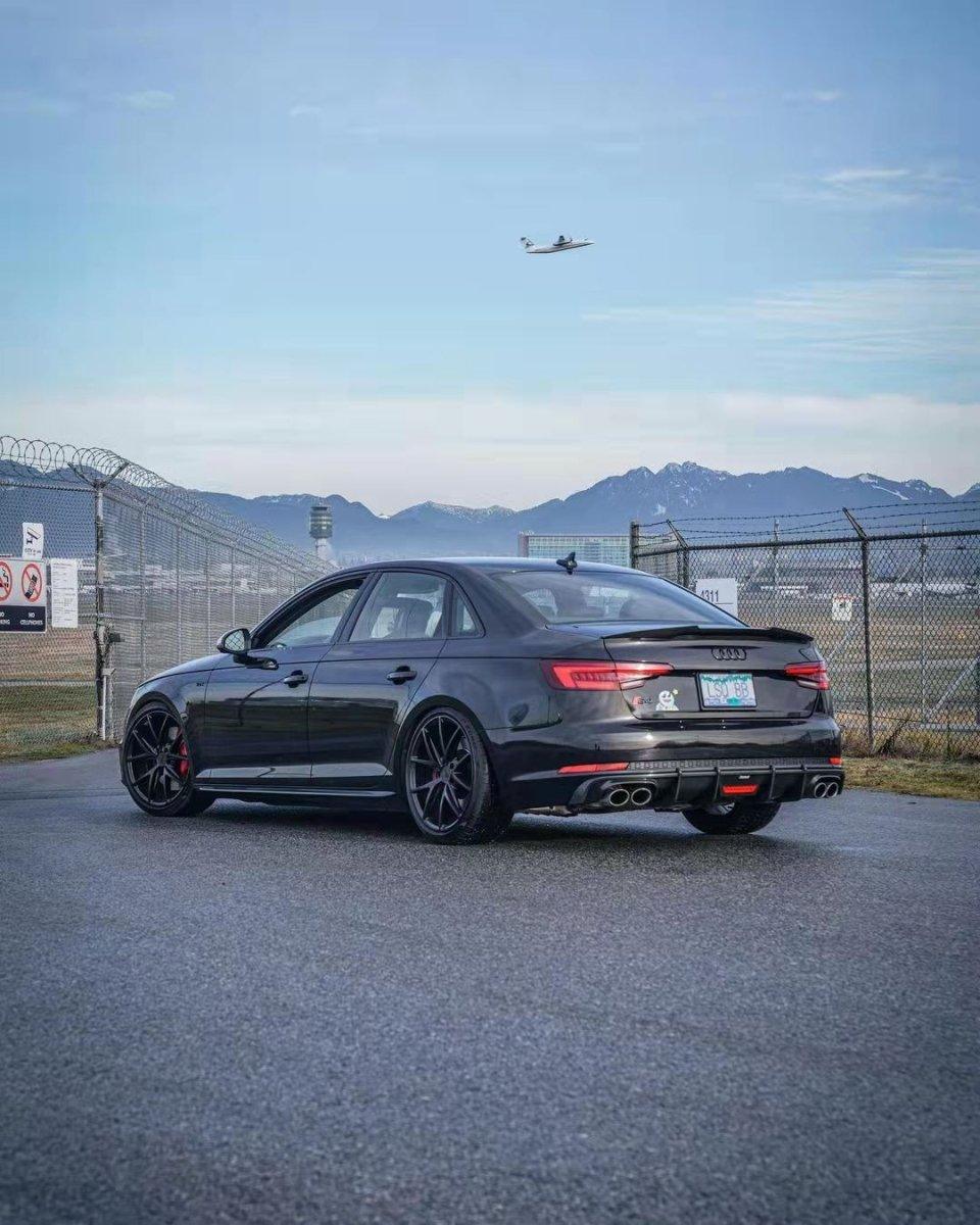 Audi S4 A4 (with S-line bumper, does not fit base model) B9 2017 2018 2019 with Aftermarket Parts - V1 (With LED Light) & V2 (Without LED Light) Style Rear Diffuser Pre-preg Carbon Fiber from Karbel Carbon