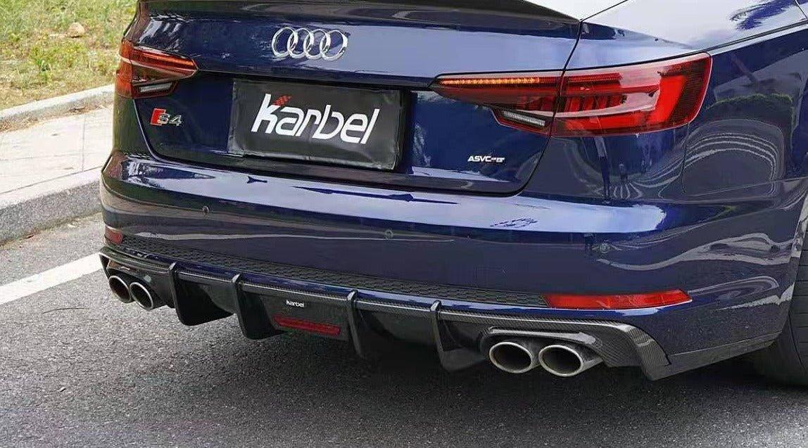 Audi S4 A4 (with S-line bumper, does not fit base model) B9 2017 2018 2019 with Aftermarket Parts - V1 (With LED Light) & V2 (Without LED Light) Style Rear Diffuser Pre-preg Carbon Fiber from Karbel Carbon